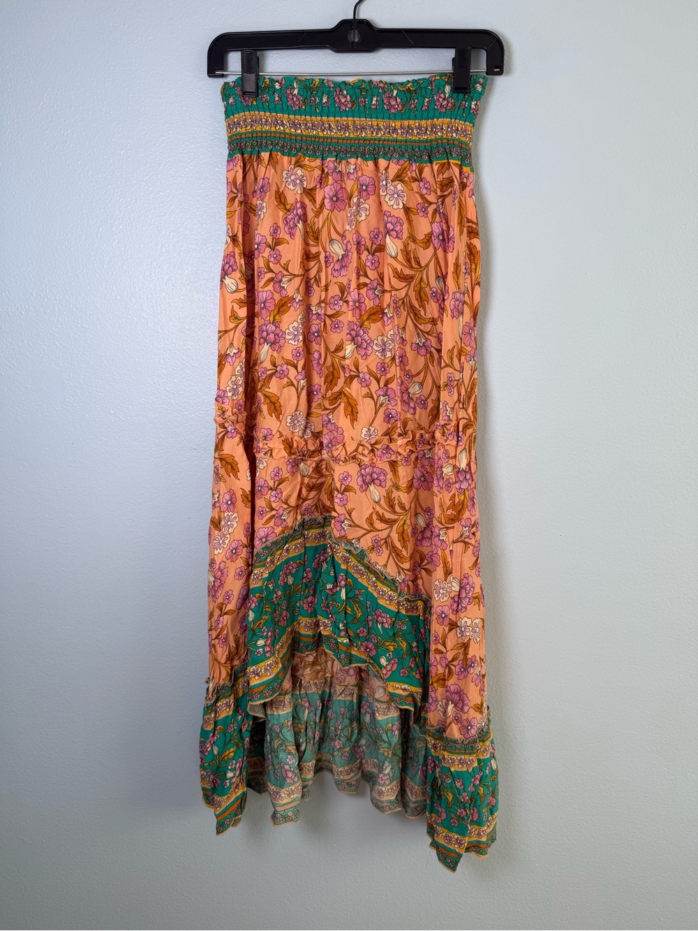 Sunday UP Peach Floral High-Low Maxi Skirt with Green Border